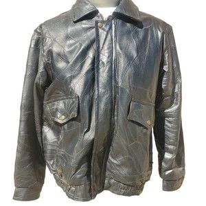 Vintage LeWorld Leather Bomber Jacket Black Patchwork Biker Motorcycle Mens Lg